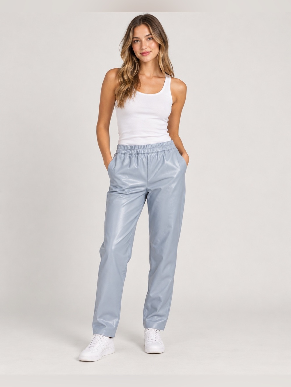 Aritzia Babaton Light Blue Faux Leather Mid-Rise Pants | Size 4